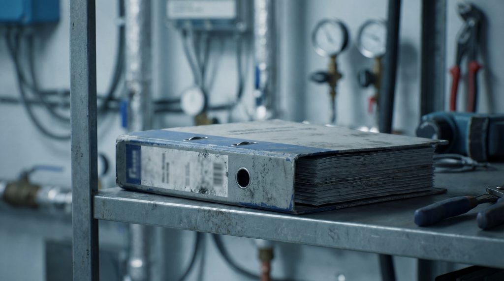 Maintenance log binder, no readable text, traceability as artifact