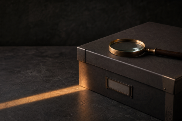 Archive box and inspection lens representing structured security assessment