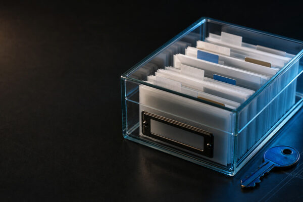Dark editorial still life of a glass archive box filled with organised document cards beside a blue key on a drafting table.