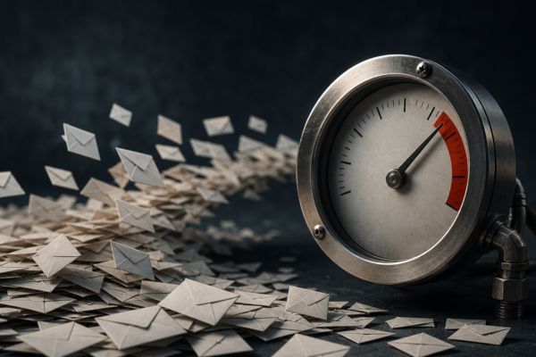 A brushed-metal surge gauge rises as a concentrated stream of envelopes approaches, representing the traffic created by a large newsletter send.