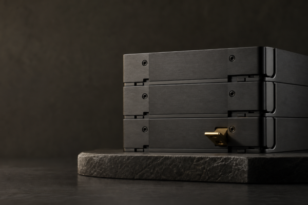 Dark editorial still life of an orderly charcoal modular system with a slightly open brass maintenance latch